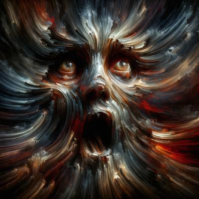 The primary subject of the image is a close-up of a face with a mouth open, possibly screaming. The face is surrounded by a black and red background, giving the image a dramatic and intense appearance. The visual style of the image is digital art, as it is a close-up of a face with a mouth open, possibly screaming. The colors and mood of the image are dominated by the contrasting black and red background, which adds a sense of intensity and drama to the scene.